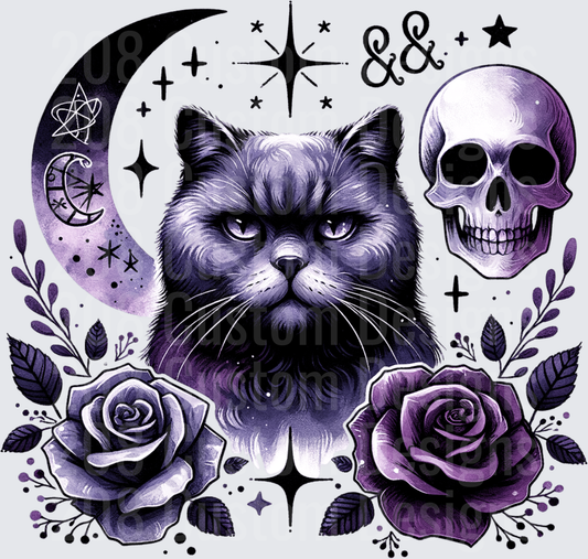 Gothic Black Cat Skull Crescent Moon Purple Roses Stars