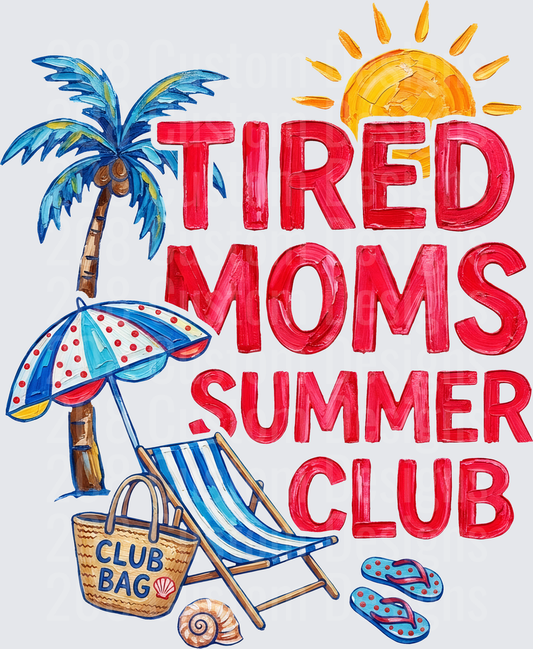 Tired Moms Summer Club Beach Scene with Palm Tree and Sun