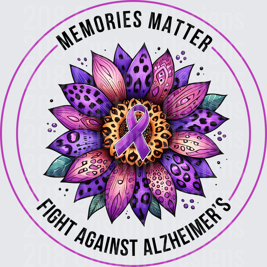 Memories Matter Fight Against Alzheimer's Purple Ribbon Sunflower Leopard Print Design