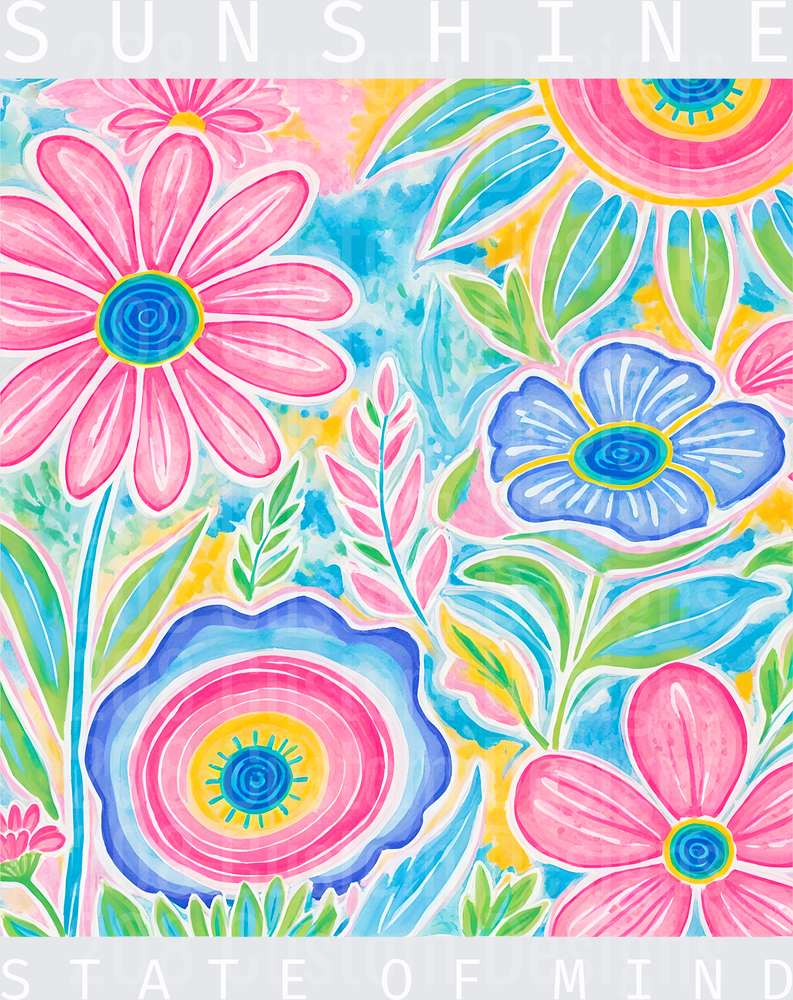 Bright Watercolor Flowers with Pink Daisies and Blue Blooms