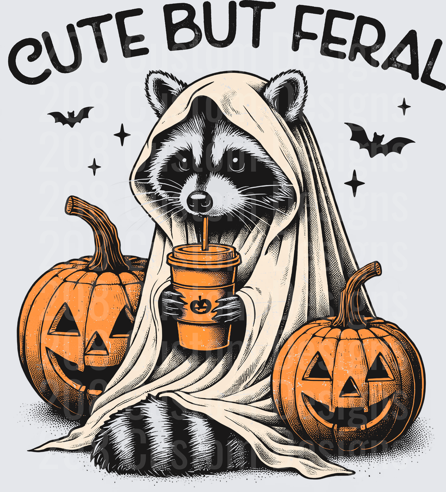 Cute But Feral Halloween Ghost Raccoon with Pumpkin Spice