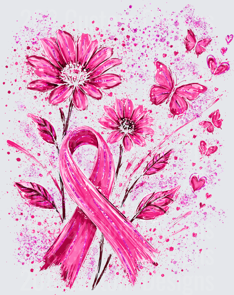 Pink Breast Cancer Awareness Ribbon Wildflowers Butterflies