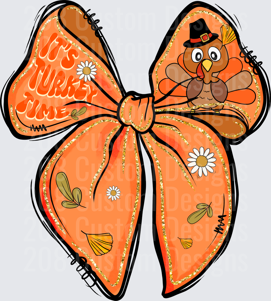 It's Turkey Time Thanksgiving Bow with Pilgrim Turkey