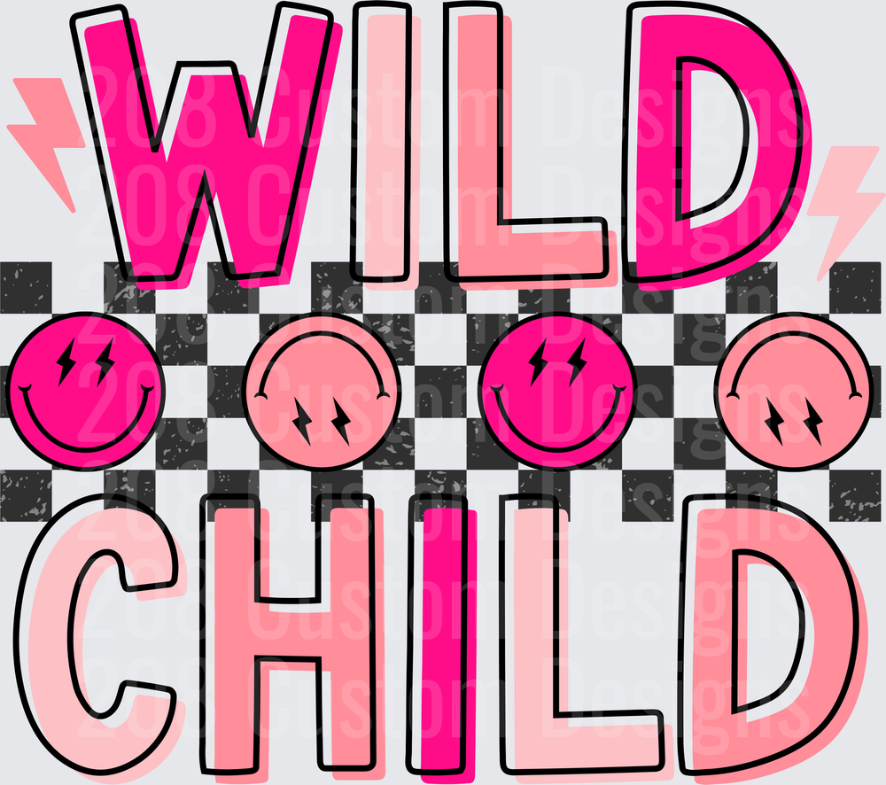 Wild Child Pink Smiley Face Lightning Bolt Checkered