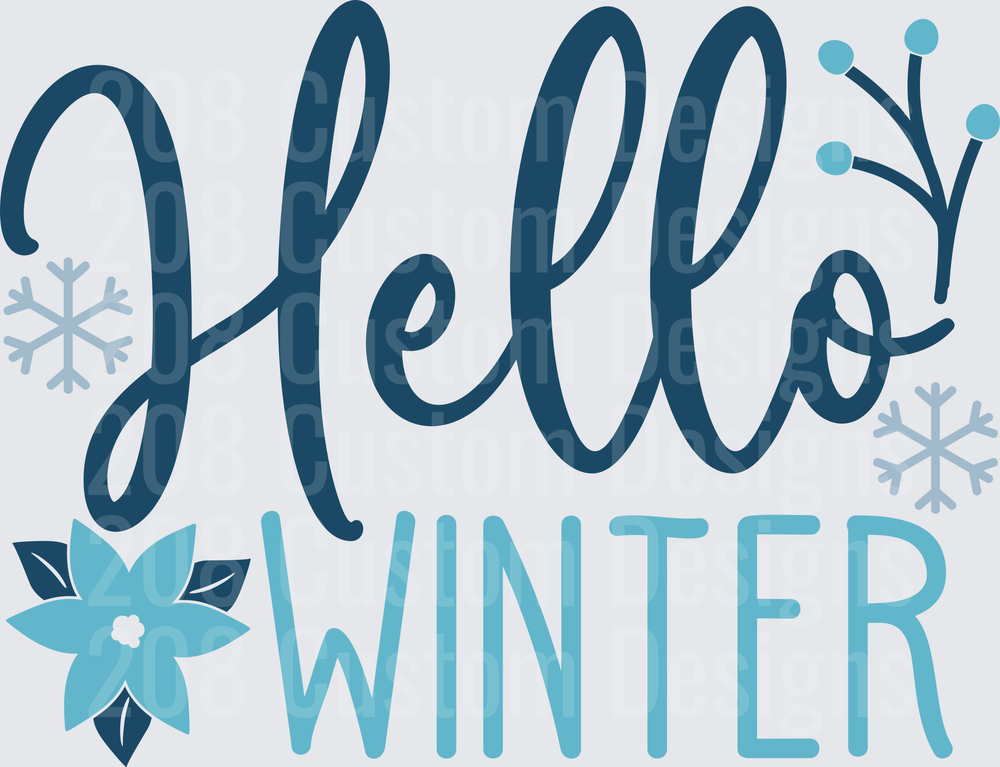 Hello Winter Typography with Snowflakes and Poinsettia