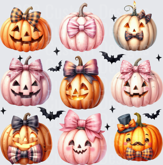 Cute Halloween Jack-O-Lanterns with Bows and Bats