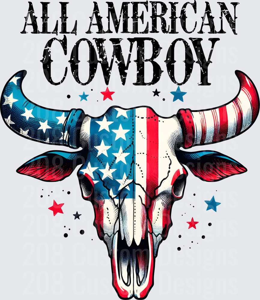 All American Cowboy Bull Skull with Stars and Stripes Flag Pattern