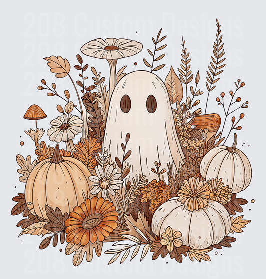 Cute Ghost Among Autumn Pumpkins Flowers and Mushrooms