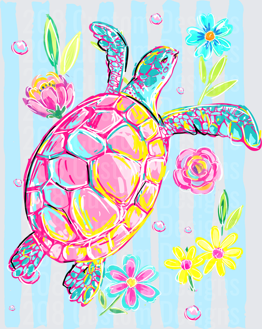 Colorful Preppy Sea Turtle Floral Stripe Boho Beach