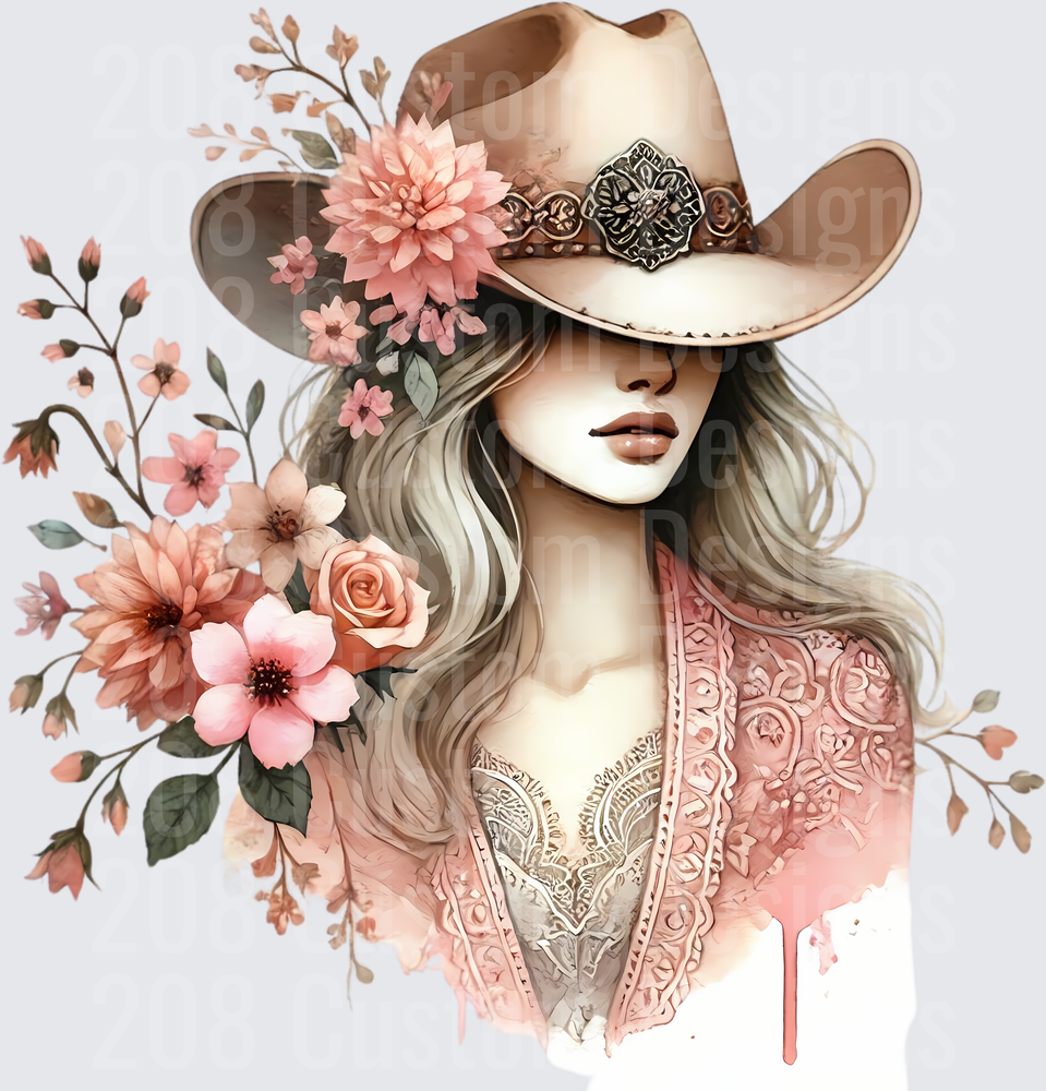 Boho Cowgirl with Pink Floral Crown and Western Hat