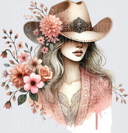 Boho Cowgirl with Pink Floral Crown and Western Hat