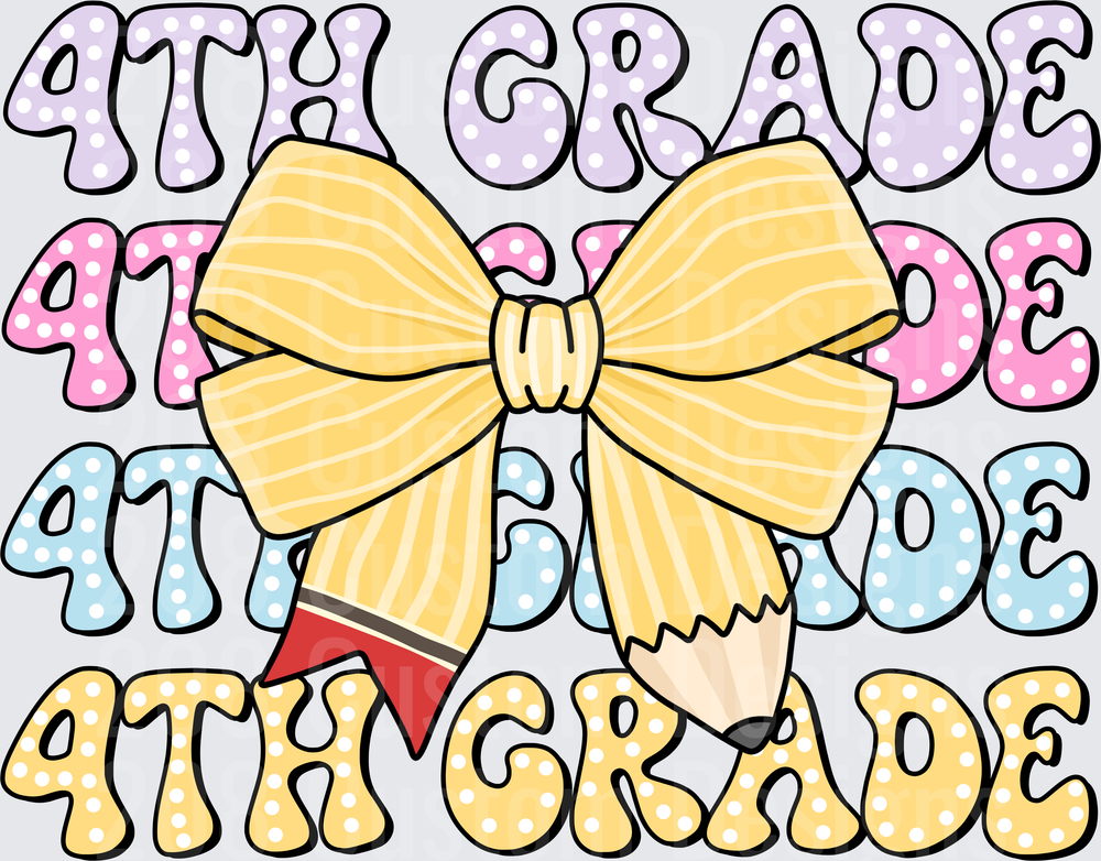 4th Grade Stacked Retro Polka Dot Letters with Bow and Pencil