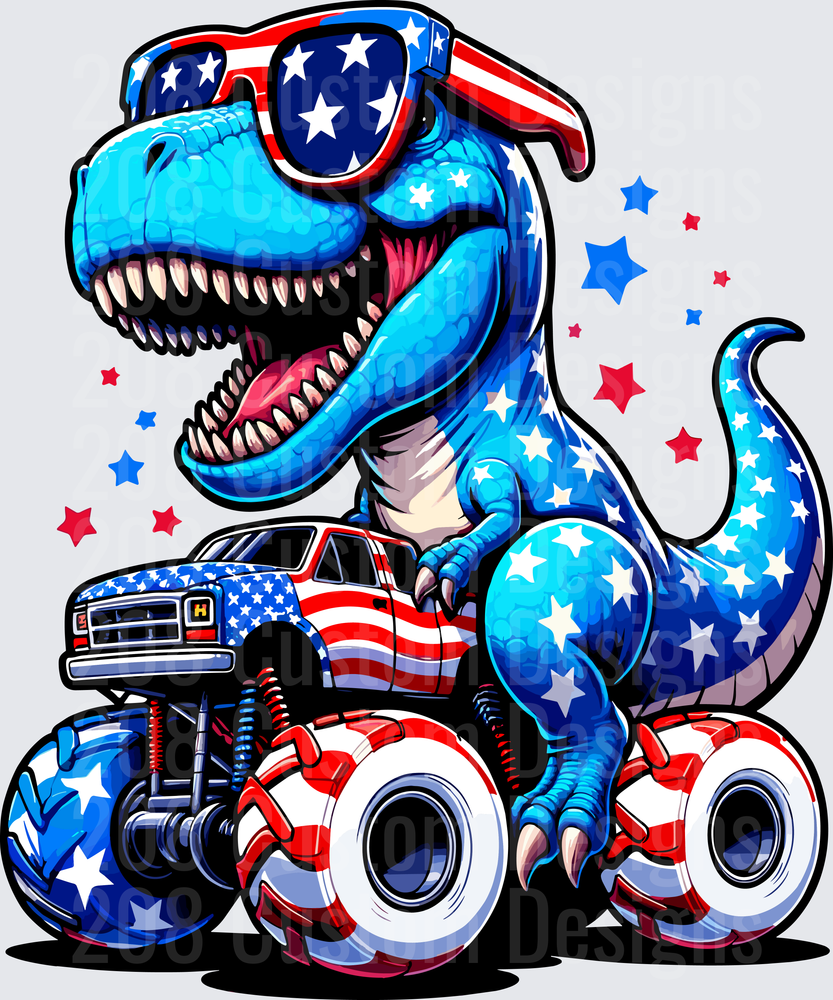 Patriotic T-Rex Wearing American Flag Sunglasses on Monster Truck