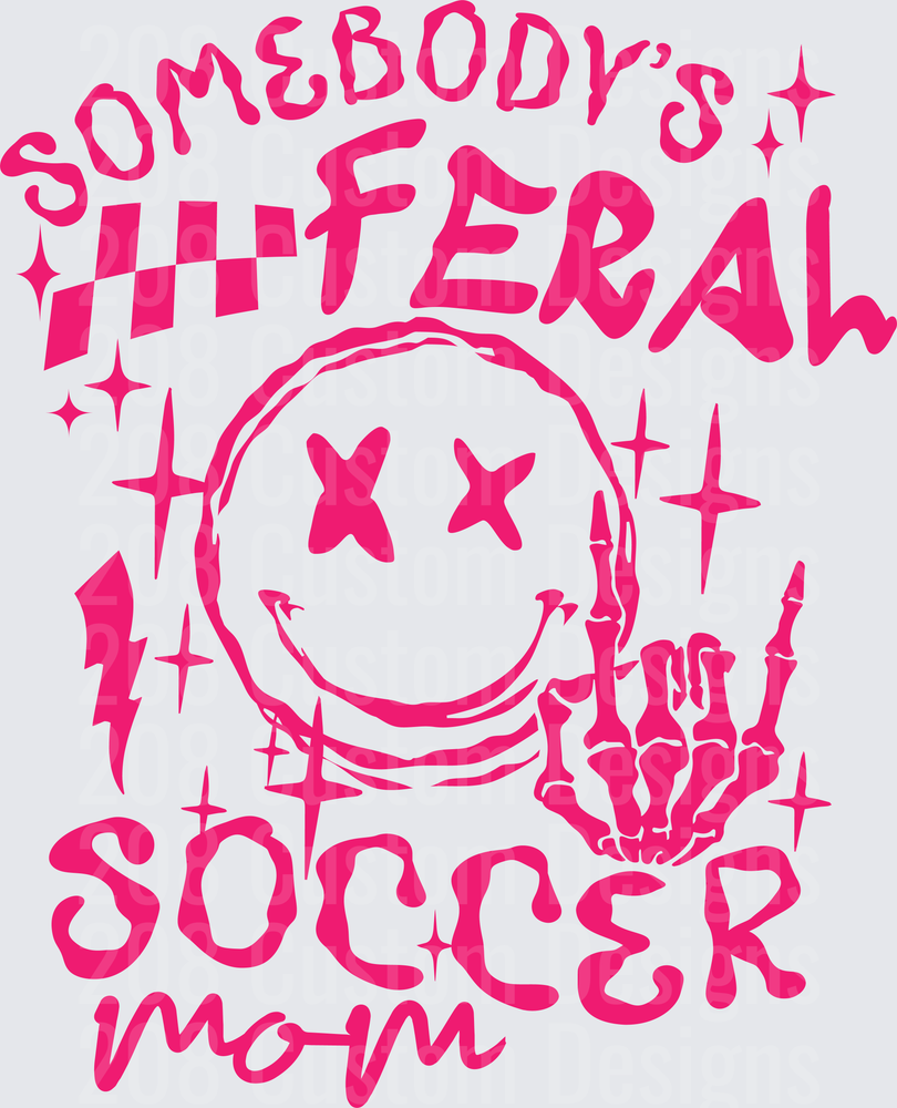 Somebody's Feral Soccer Mom Smiley Skeleton Rock Hand Pink