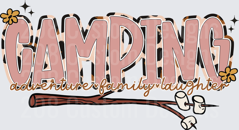 Camping Adventure Family Laughter with Cow Print Pattern and Marshmallow Roasting Stick