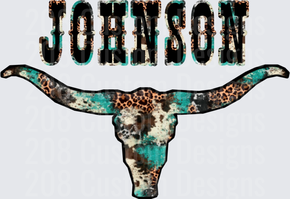 JOHNSON Longhorn Bull Head Turquoise Leopard Print Design