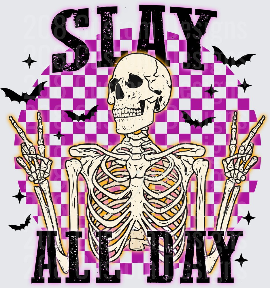 Slay All Day Skeleton Rock Hands Purple Checkered