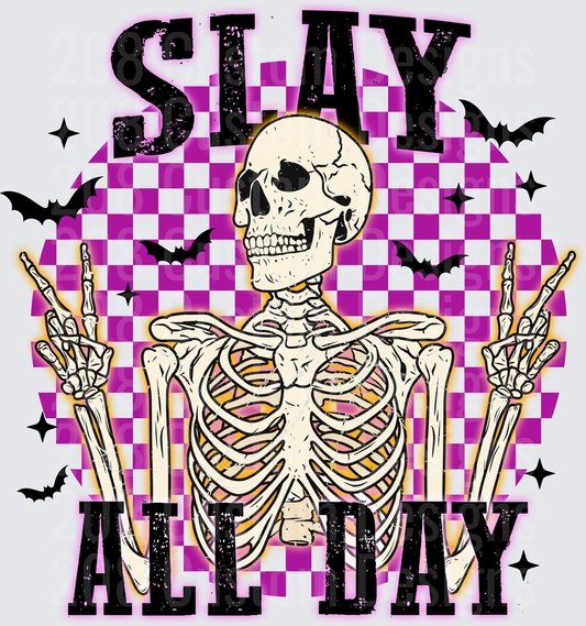 Slay All Day Skeleton Rock Hands Purple Checkered