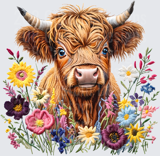 Highland Cow with Blue Eyes Surrounded by Wildflowers