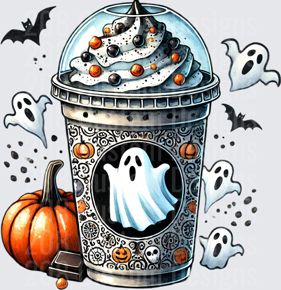 Halloween Ghost Frappuccino Cup with Pumpkins and Bats
