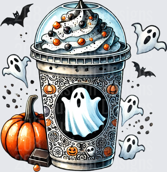 Halloween Ghost Frappuccino Cup with Pumpkins and Bats