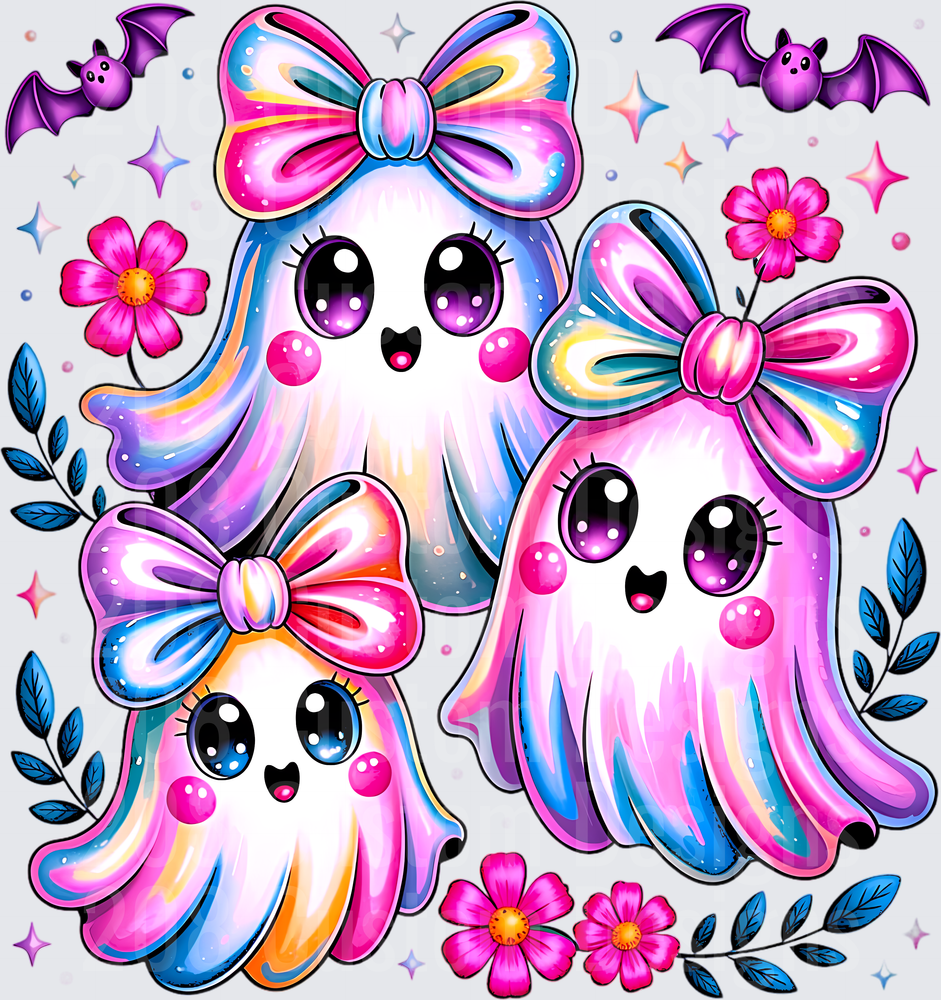 Kawaii Coquette Ghost Trio with Bows Bats and Flowers