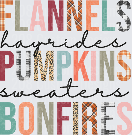 Fall Autumn Typography with Flannels Hayrides Pumpkins Sweaters Bonfires