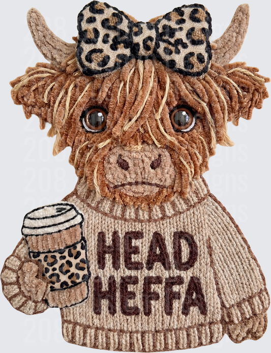 Highland Cow with Leopard Bow Head Heefa Coffee Embroidered Design