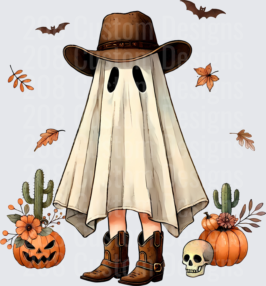 Western Halloween Ghost Cowboy Boots Pumpkins Bats Fall