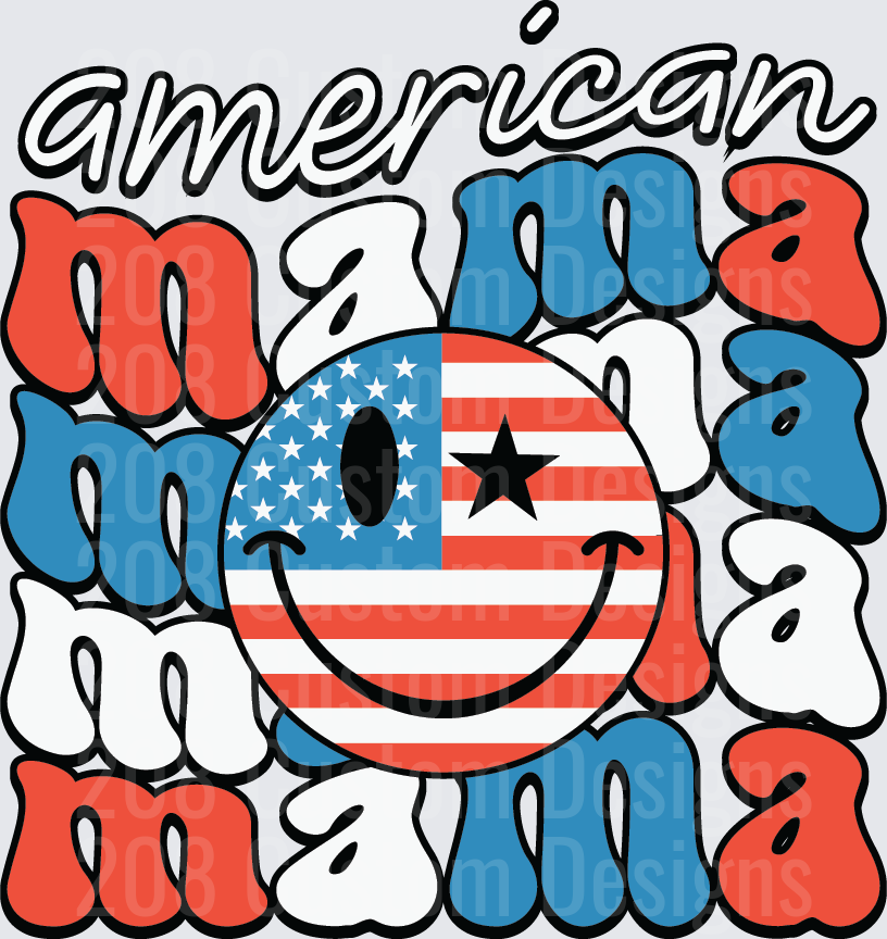American Mama Smiley Face Flag Retro Bubble Letters