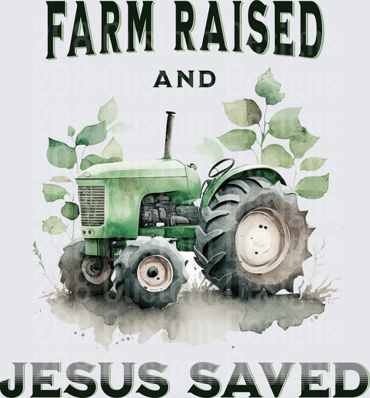 Farm Raised and Jesus Saved Vintage Green Tractor with Botanical Elements