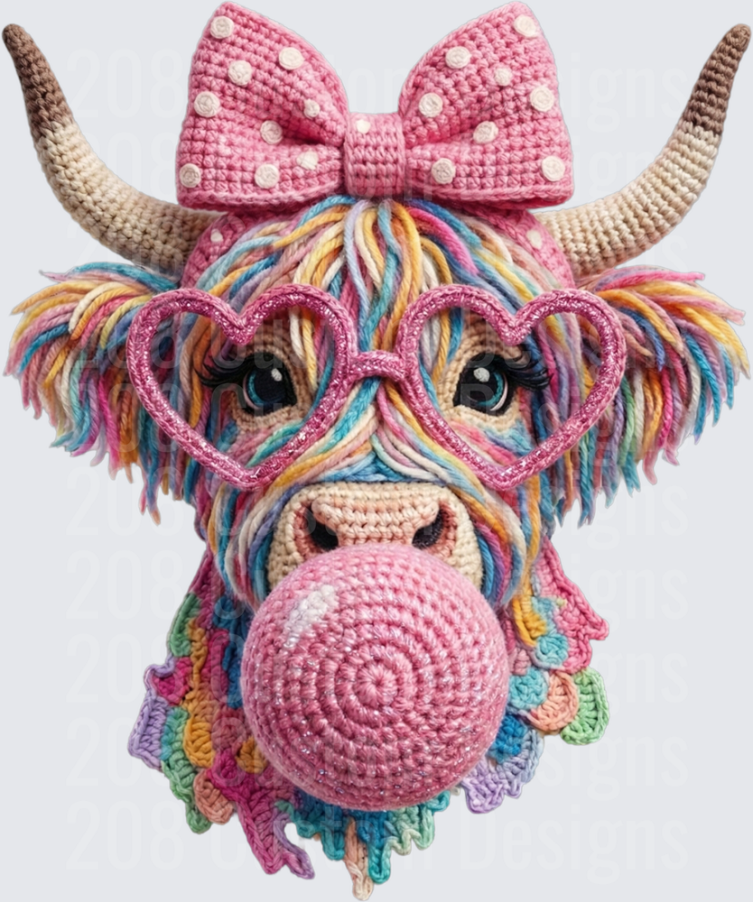 Crochet Highland Cow with Rainbow Hair Pink Bow and Heart Glasses