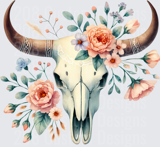 Bohemian Bull Skull with Coral Peonies and Watercolor Florals