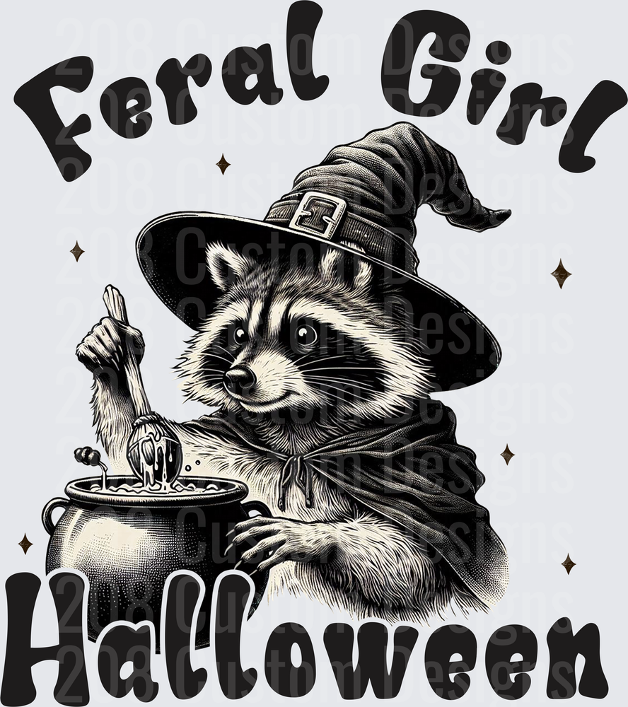 Feral Girl Halloween Witch Raccoon Stirring Cauldron