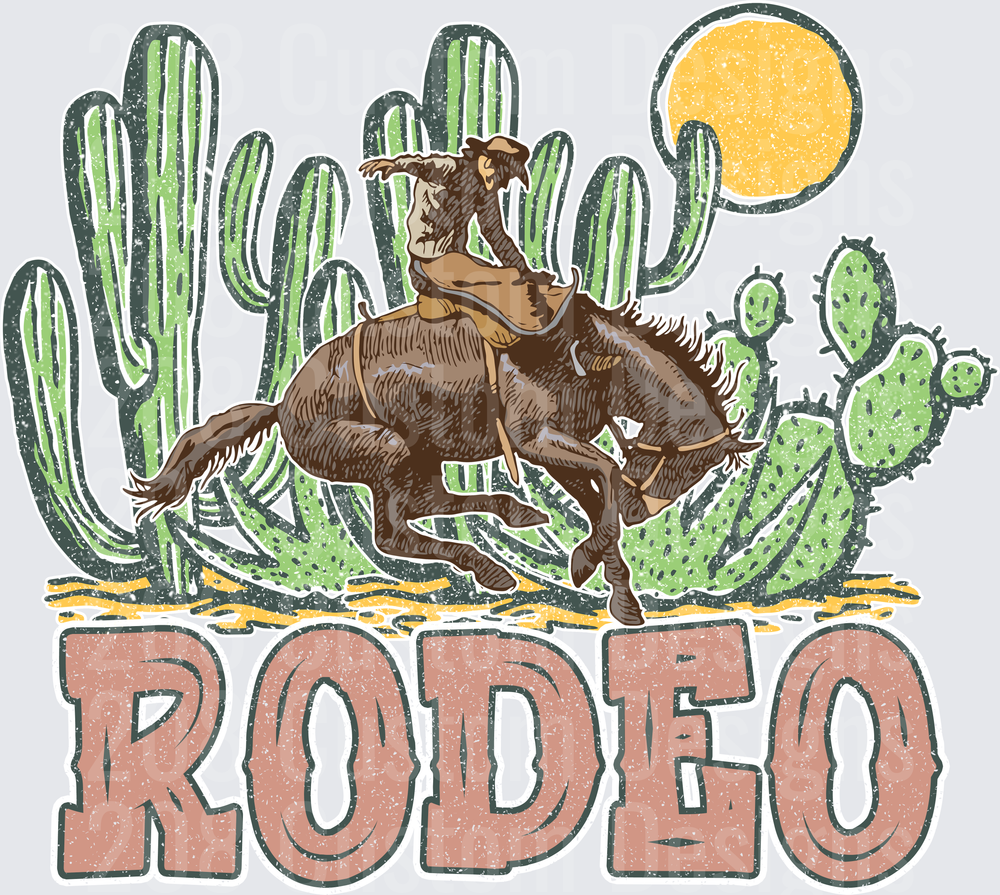 Vintage Rodeo Bronco Rider with Desert Cactus Scene
