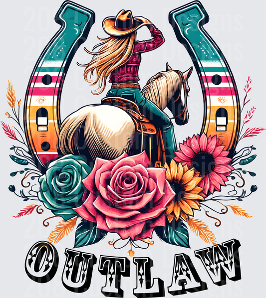 Outlaw Cowgirl Horseback Riding Rainbow Horseshoe Floral Design
