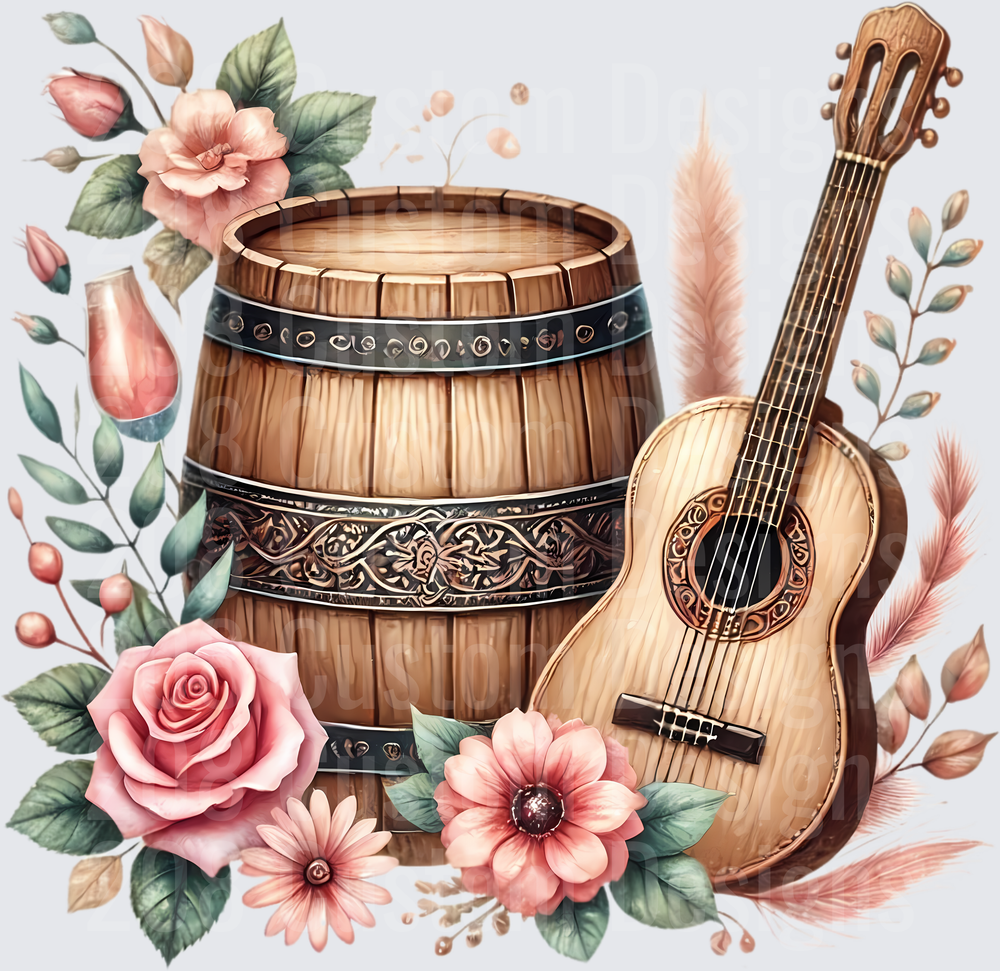 Rustic Guitar and Wine Barrel with Pink Roses and Pampas Grass