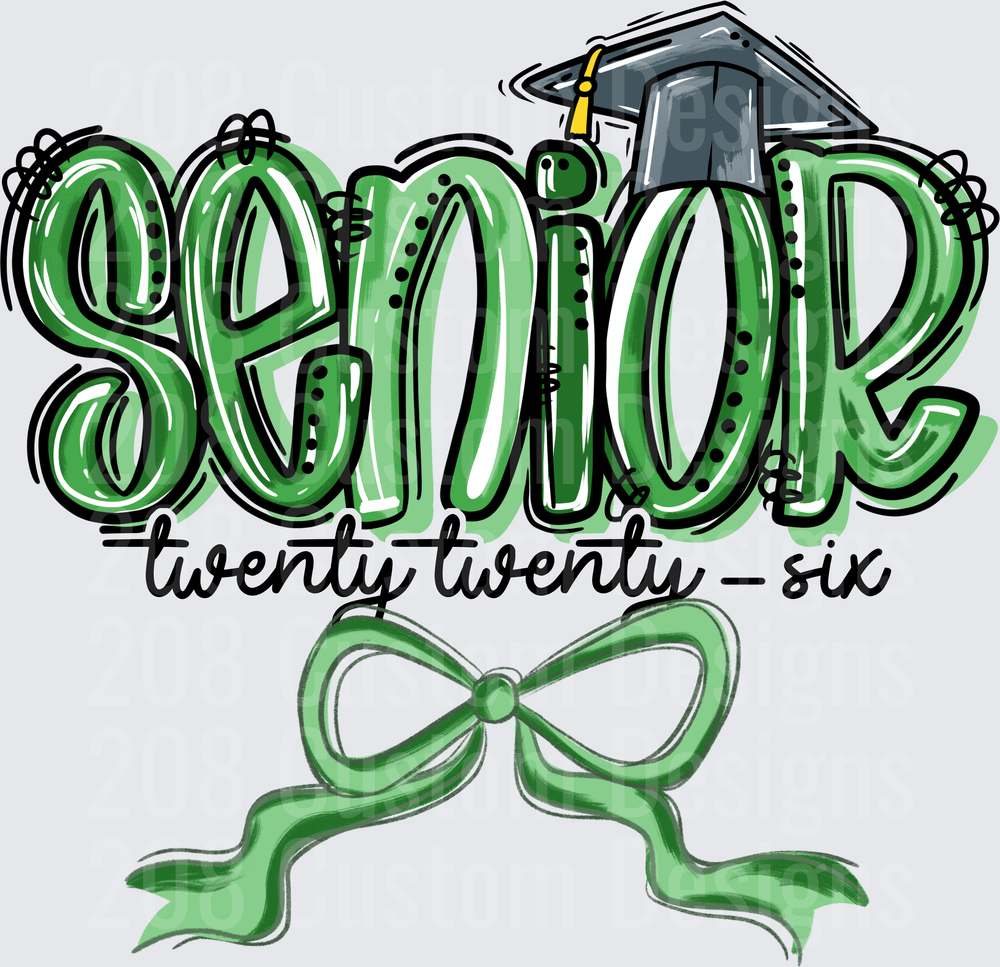 Senior Twenty Twenty-Six Green Graduation Cap Bow Design