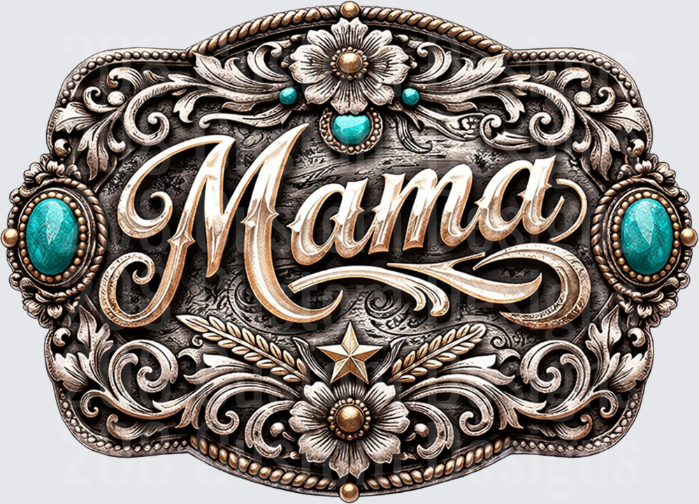 Mama Western Rodeo Belt Buckle Turquoise Silver Gold