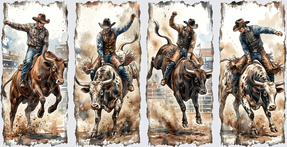 Four Panel Vintage Bull Riding Cowboys Rodeo Action Scene