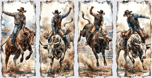 Four Panel Vintage Bull Riding Cowboys Rodeo Action Scene