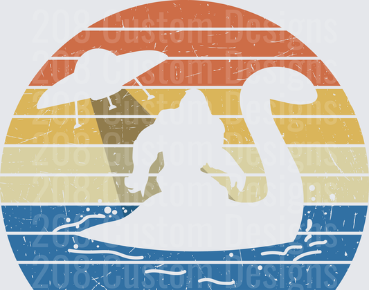 Bigfoot Nessie Silhouette Retro Sunset Striped Circle Design