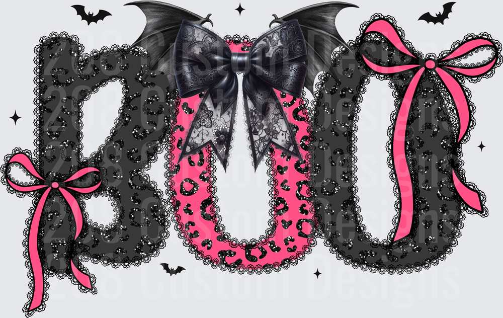 Boo Leopard Print Glitter Lace Black Bat Bow Pink Ribbon Halloween