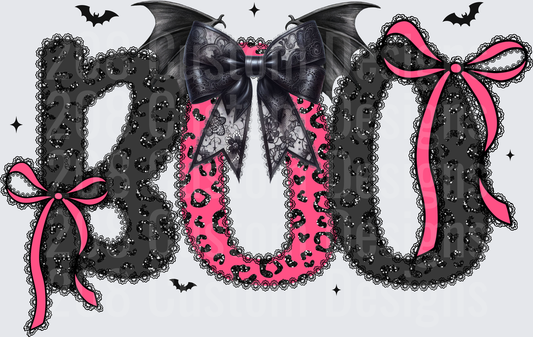 Boo Leopard Print Glitter Lace Black Bat Bow Pink Ribbon Halloween