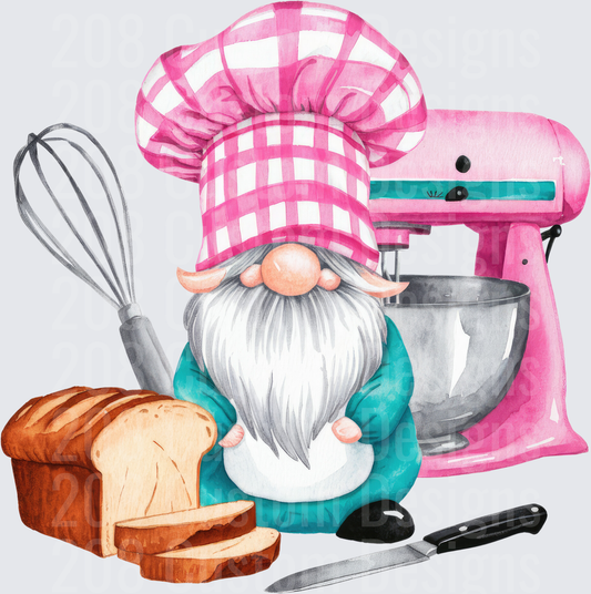 Baking Gnome Chef with Pink Gingham Hat and Stand Mixer