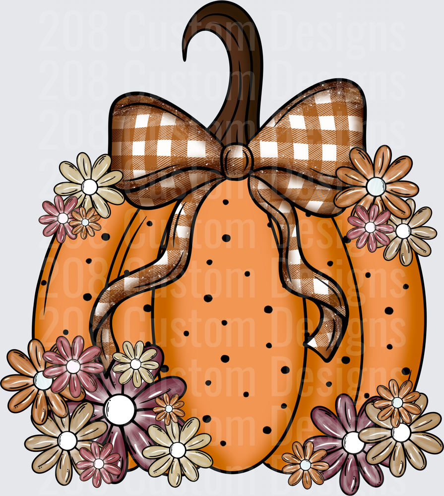 Orange Pumpkin with Brown Gingham Bow and Fall Flowers