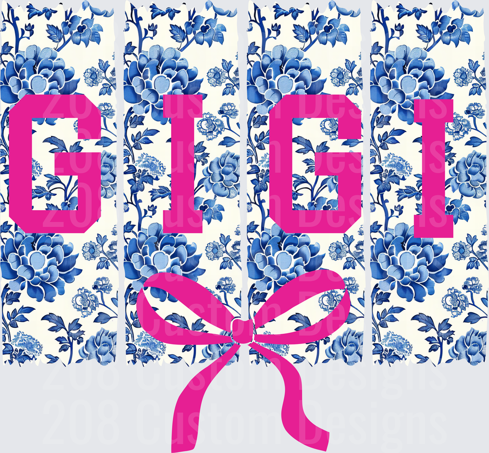 GIGI with Pink Bow on Blue Chinoiserie Floral Pattern