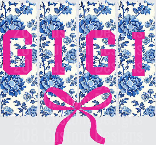 GIGI with Pink Bow on Blue Chinoiserie Floral Pattern