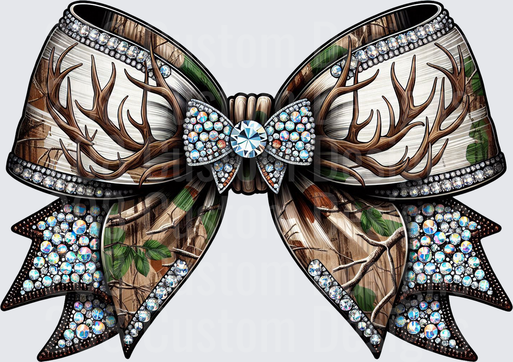 Rhinestone Bow with Deer Antlers and Camouflage Pattern