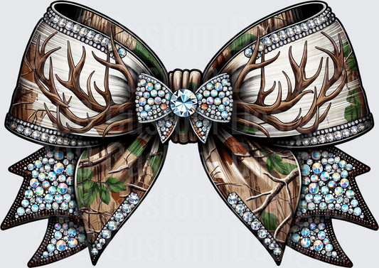 Rhinestone Bow with Deer Antlers and Camouflage Pattern